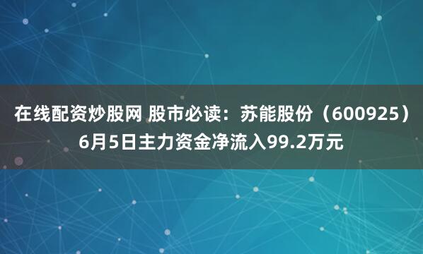 在线配资炒股网 股市必读：苏能股份（600925）6月5日主力资金净流入99.2万元